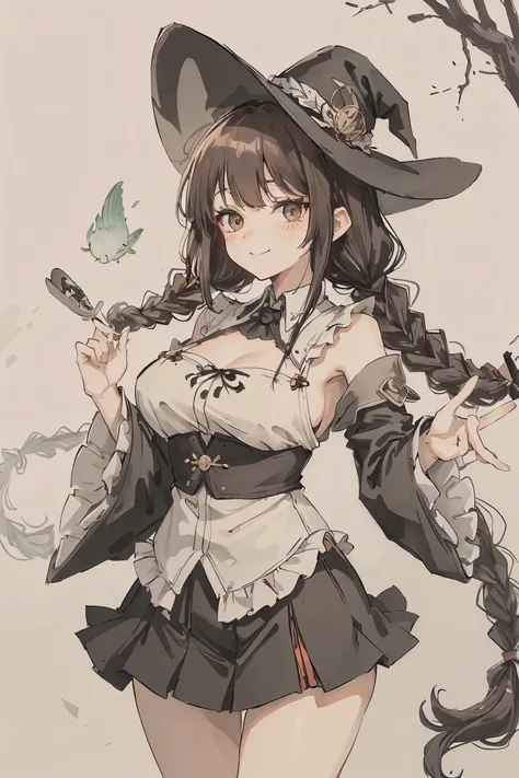 sparrow, a brown haired girl, wearing a wizard clothes, long hair, hair, black skirt, green wizard uniform with ruffles on the shouders, slim body, naughty face, seductive smile, mini skirt, black witch hat, big breasts, she close her left eye, Lace Twist ...