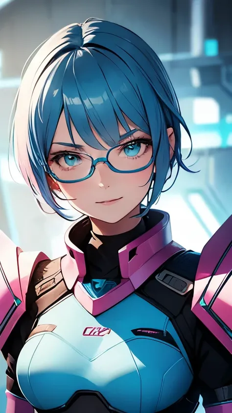 masterpiece, highest quality, 1girl, teenager, Short blue hair, Cyan eyes, pink armor, arch, Masterpiece, hiquality, slim, smiling face.  wearing futuristic eye wear, open mouth. talking. looking at viewer, cowboy shot, standard portrait.