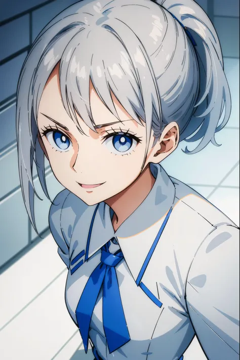 maam, Short gray hair, high ponytails, blue eye color, White luxury jacket, trouser, avas, Blue lipstick, ssmile, tmasterpiece, high high quality