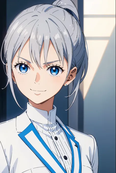 maam, Short gray hair, high ponytails, blue eye color, White luxury jacket, trouser, avas, Blue lipstick, ssmile, tmasterpiece, high high quality