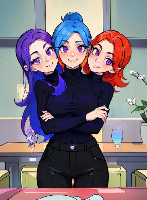 (masterpiece, best quality), best resolution, (3heads:1.5), 1girl,(vivid sky blue hair), (red orange hair), (violet purple hair), same eye color as the hair, smiling, giggling, friendly, inviting, ((very shy expression)), mature look, (dark gray turtleneck...