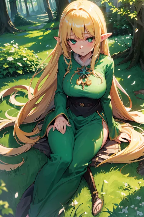 4K,hight resolution,One Woman,a blond,Longhaire,Green eyes,elvish,Colossal tits,hime,白色のhimeのドレス,himeのティアラ,jewel decorations,Castle in the forest