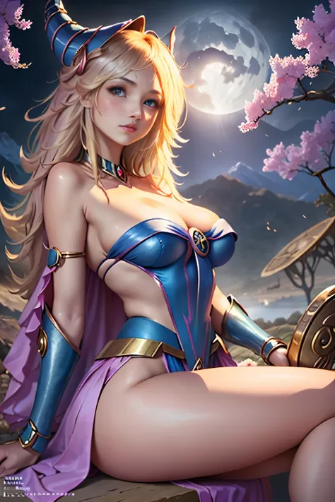 Dark magician gilejor calidad)), ((obra maestra)), (detallada), rubia, smal boobs, smal boobs, seductive succubus, Ethereal Beauty, Perched on a pink flowering tree, (Fantasy Illustration: 1.3), mirada encantadora, cautivadora pose, chica dark magician gil...