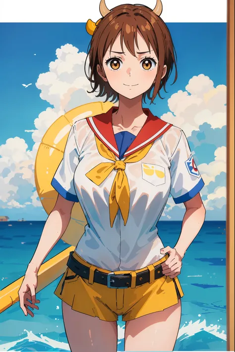 1个Giant Breast Girl, with short brown hair, Brown eyes, cow boy shot, swimming uniform, Yellow belt, 连体swimming uniform, ssmile, Be red in the face, sea beach, , 深胸swimming uniform, 高筒深 V 连体swimming uniform