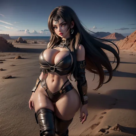 mulher bonita em uma aberta, seios enormes, usando short muito curto e apertado, Apocalyptic wastelands, no deserto, pele brilhante, ultra detalhado, clivagem, seios perfeitos,