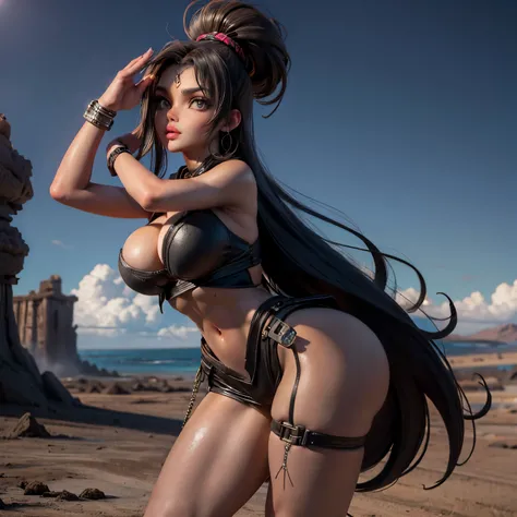 mulher bonita em uma aberta, seios enormes, usando short muito curto e apertado, Apocalyptic wastelands, no deserto, pele brilhante, ultra detalhado, clivagem, seios perfeitos,