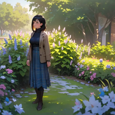 (High quality, High resolution, Ultra-detailed, Realistic:1.37), peaceful ambiance, (plein air, garden), Teenage girl standing alone, (My breasts are big.), Beautiful detailed features, Cute smile, (Black bob hair), Ribbed sweater, blue plaid skirt, Black ...