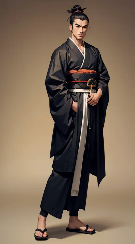 A young man, Samurai, topknot, confident pose, Black kimono, Full body. From Side, Looking at Viewer