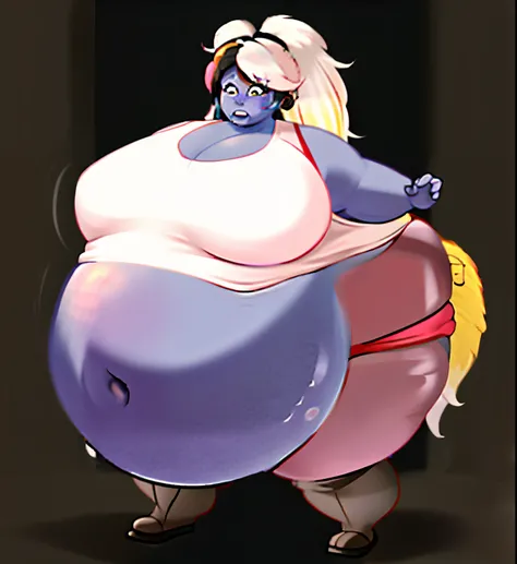 (solo, 1boy:1.2), Femboy 
hands on own stomach, belly  ((colored skin:0.8), 
(partial_blueberry_inflation), Hyper belly, hyper ass
curvy, standing, midriff, Long  Multicolored hair, Ponytail, ((White hair with Pink streaks))
(tank top, shirt:1.15), shorts,...