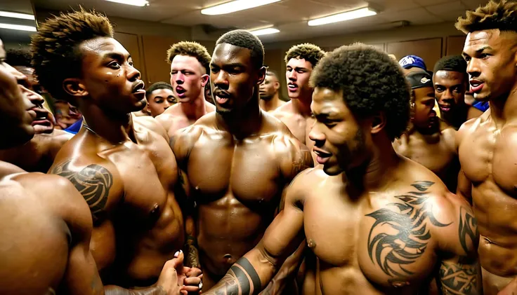 Wide Side camera angle, Locker-room full of large group of naked fully nude African American men with penis erections dancing , Sweaty strong buff, Anatomically correct, “beautiful hands” and “detailed fingers, 💪🏽 head to toe full body views of HBCU footba...