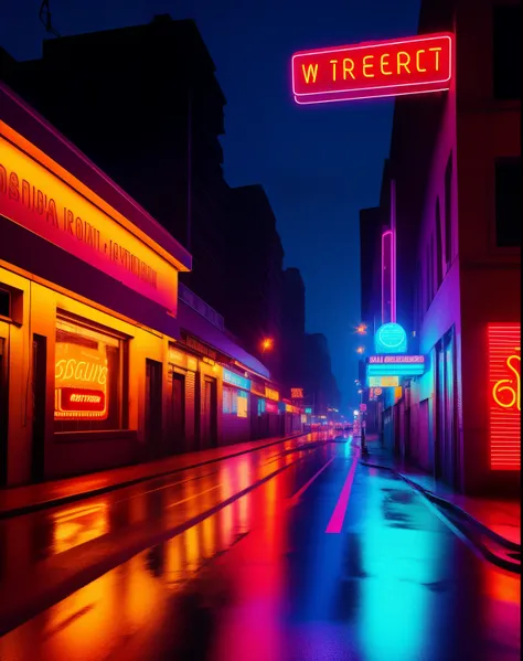 a wet street with neon signs and a neon sign on the side of the road