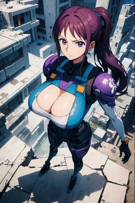 number art, Best quality at best, The is very detailed, Manhwa Style, Pure comic color, 3/4 low angle cameras, Full body photo : Attractive Caucasian woman with long dark purple hair, pony tails, lipstick gloss, Wearing a sci-fi thin exoskeleton Gundam sui...