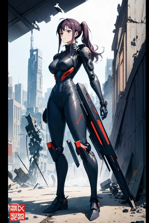 number art, Best quality at best, The is very detailed, Manhwa Style, Pure comic color, 3/4 low angle cameras, Full body photo : Attractive Caucasian woman with long dark purple hair, pony tails, lipstick gloss, Wearing a sci-fi thin exoskeleton Gundam sui...