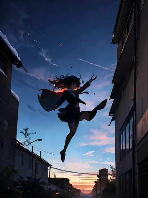 parkour girl,wearing a suit，Jump from the roof!! ︎，breathing air， blows wind,Fluttering hair，gust of wind， Colorful, , ​masterpiece, splatters, From directly below， side, A smile, starrysky, in a storm