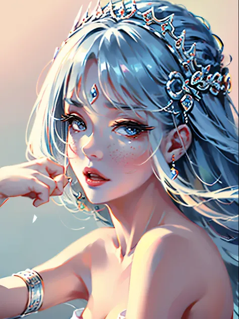 One wearing a white dress、Close-up of woman wearing feather headdress, Inspired by Shen Si Zheng, pale milky white porcelain skin, porcelain white skin, The face is very detailed, Inspired by Huang Ji, Inspired by Lanying, 8K high-detail face, porcelain hi...