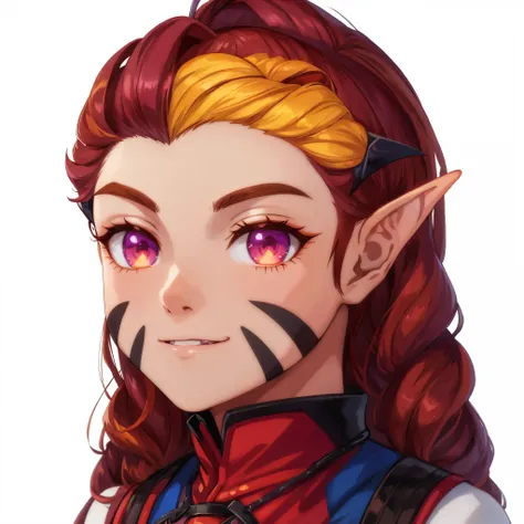 young anime girl with black stripes on her cheeks, orange tuft of hair, dnd avatar portrait of halfling, rpg character avatar, visual novel sprite, natalie from epic battle fantasy, symmetrical portrait rpg avatar, portrait of jinx from arcane, jrpg charac...