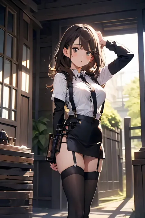 Brown hair、watching at viewers　　　black suspenders　　　bulging big tits　　 　 　　　walls: 　Black miniskirt　garters　　　　　　Gaze　　　a small face　bangss 　　　holster　　　Beautuful Women　　Hands up　　レッグholster ベッドに横たわる　　Gaze 　black boots panty shot　Provocation　flank　flank汗　S...