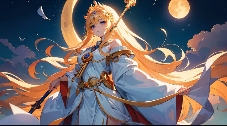 Masterpiece, best quality, Gigantic Key staff, Harvest Moon, White headphone, blonde, Korean, beautiful face, tall, slender, goddess of the moon, detailed face, moon temple, full body, Orange Moon