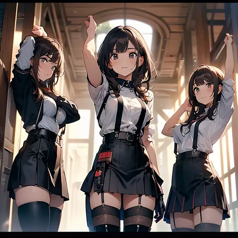 Brown hair、watching at viewers　　　black suspenders　　　bulging big tits　　 　 　　　walls: 　Black miniskirt　garters　　　　　　Gaze　　　a small face　bangss 　　　holster　　　Beautuful Women　　Hands up　　レッグholster ベッドに横たわる　　Gaze 　black boots panty shot　Provocation　flank　flank汗　S...