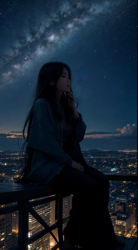 octans, sky, star (sky), scenery, starry sky, night, 1girl, night sky, solo, outdoors, building, cloud, milky way, sitting, tree, long hair, city, silhouette, cityscape