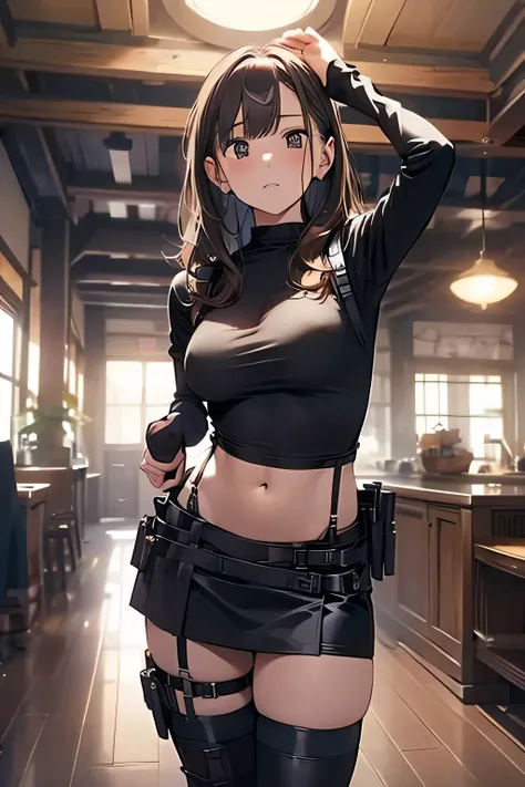 Brown hair、watching at viewers　　　black suspenders　　　bulging big tits　　 　 　　　walls: 　Black miniskirt　garters　　　　　　Gaze　　　a small face　bangss 　　　holster　　　Beautuful Women　　Hands up　　レッグholster ベッドに横たわる　　Gaze 　black boots panty shot　Provocation　flank　flank汗　S...