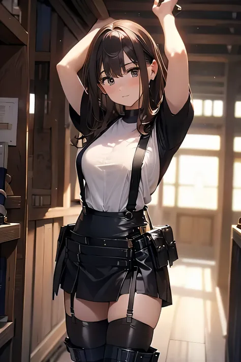 Brown hair、watching at viewers　　　black suspenders　　　bulging big tits　　 　 　　　walls: 　Black miniskirt　garters　　　　　　Gaze　　　a small face　bangss 　　　holster　　　Beautuful Women　　Hands up　　レッグholster ベッドに横たわる　　Gaze 　black boots panty shot　Provocation　flank　flank汗　S...