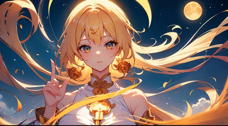 Masterpiece, best quality, Gigantic Key staff, Harvest Moon, White headphone, blonde, Korean, beautiful face, tall, slender, goddess of the moon, detailed face, moon temple, full body, Orange Moon