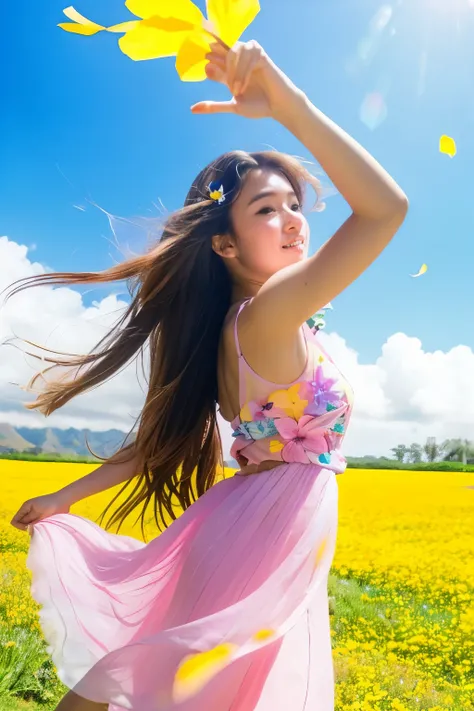 hawaiian transparent、blue sea、blue-sky、pastels、pink flowers、pastels flowers、yellow flower、yellow green leaves、Girl with long hair、wavy hair long hair、Brown eyes Hawaii 2D animation petals dancing。pink petal flower field。native hawaii