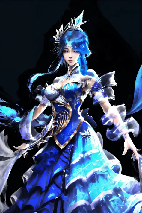 1girll，blue hairs，a blue dress，Wearing a big headdrestremely detailed Art germ， Art germ detailed， Irelia， Art germ. high detal, ! dream Art germ， onmyoji detailed art， most models | Art germ， style of Art germ， Art germ - artstation pixiv