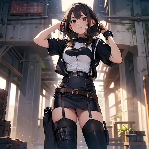 Brown hair、watching at viewers　　　black suspenders　　　bulging big tits　　 　 　　　walls: 　Black miniskirt　garters　　　　　　Gaze　　　a small face　bangss 　　　holster　　　Beautuful Women　　Hands up　　レッグholster ベッドに横たわる　　Gaze 　black boots panty shot　Provocation　flank　flank汗　S...