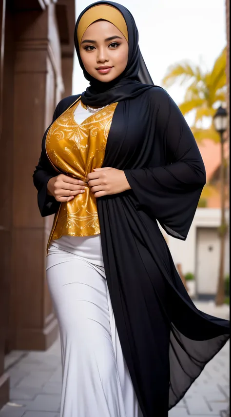 RAW, Best quality, high resolution, masterpiece: 1.3), beautiful Malay woman in hijap:0.8),1beautiful  Malay woman in hijab wearing modern youth Muslim clothing,big breast, modest fashion, flowing shawl, portrait photography, mid shot photo, ultra detail, ...