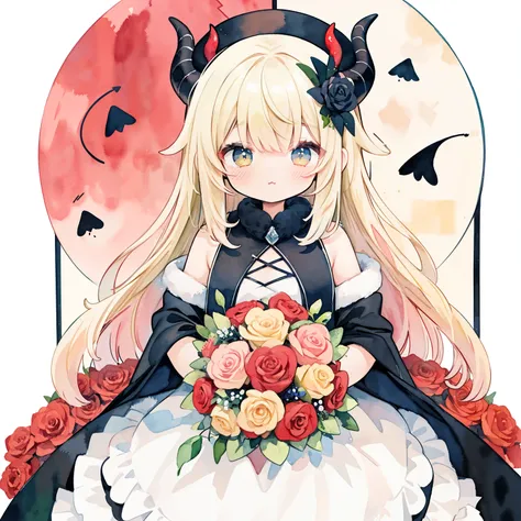 (PastelColors:1.3)、(Cute illustration:1.3)、(watercolor paiting:1.1)、blonde little devil、Devils Feather、Devils Tail、Red Theme、with a large bouquet、with a large bouquet
、 ,Thick wool gown:0.4