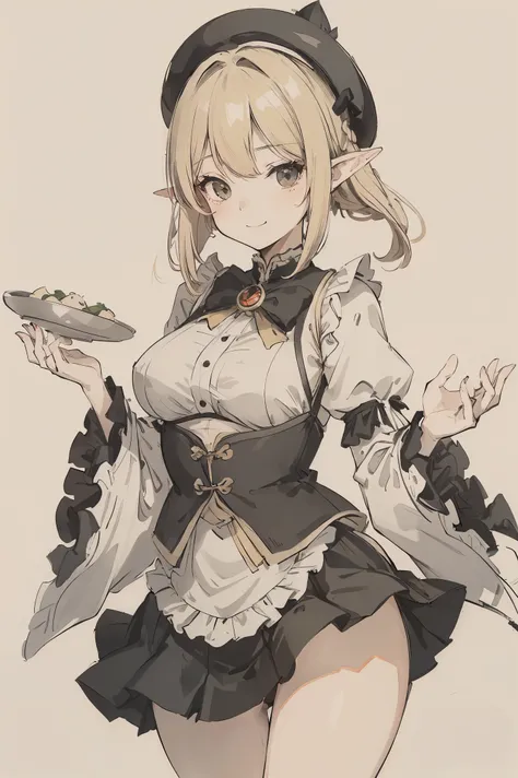 sparrow, a blonde haired girl, wearing a bridal clothes, short hair, hair, black skirt, green bridal uniform with ruffles on the shouders, slim body, naughty face, seductive smile, mini skirt, black beret, big breasts, she close her left eye, elf, pointy e...