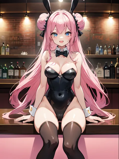 ((masterpiece, best quality)), High resolution, distinct image, (anime style:1.2), flat color, painting (1girl), (solo), (female Focus), dynamic pose ((nsfw)), smile, open mouth, (black bunny girl), (long hair), (pink double bun hair 1.2), (blue eyes), (ey...