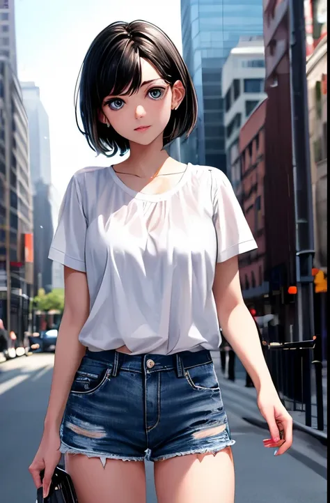 1girls, kurzes schwarzes Haar, blaue Augen, Wear a plain white shirt, Jeans-Shorts, Stadt, absurdres, hight resolution, ultrascharf, 8K, Meisterwerk, Blick auf den Betrachter