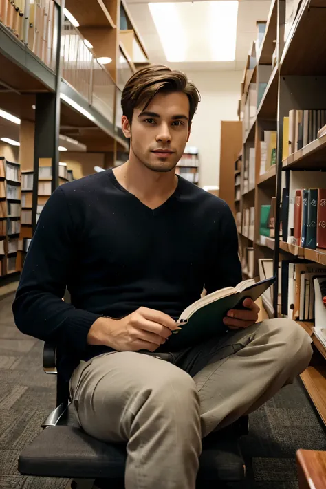 Image of an attractive guy holding a book, sitting in a library