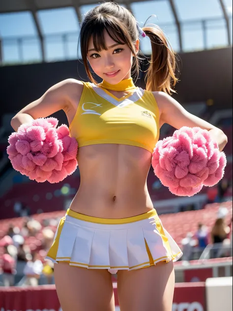 Ala-Fed Asian cheerleader posing dynamically with pom-pom in stadium, close-up,  photo, anime , small breasts, RAW photo, Best Quality, High Resolution, (Masterpiece), (Photorealism:1.4), Professional Photography, Sharp Focus, HDR, 8K Resolution, Complex D...