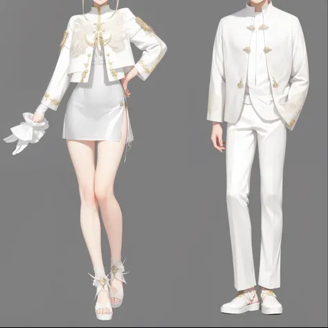 几个穿着white  clothes的人的动漫风格插画, fashion concept art, 清晰的clothing design, lunar themed attire, clothing design, very detailed and rich clothing, Meticulous clothes, clothing concept, Style Games Square Enix, clothes high detail, white  clothes, detailed full b...