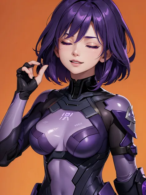 Raiden general, Purple colored hair, With his eyes closed, A girl was laughing, with her mouth open, Orange background, sportrait