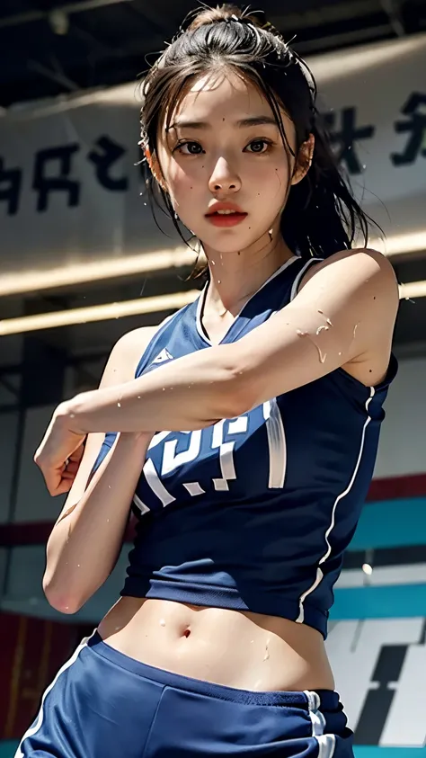 quality, 超高分辨率, (realisticlying: 1.4), 8K分辨率, (Woman in basketball uniform), (Random hair: 1.3), (realisticlying的头发: 1.2), (realisticlying的眼睛: 1.2), (beauitful face: 1.3), (), (Wet skin: 1.2),(dynamic angle:1.1),