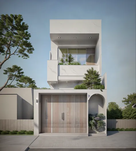 townhouse, with balcony, 2-panel main door, sliding windowain material: aluminum and glass, gray-white tone, stone)) and a stone...