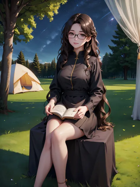 Young woman sitting on the grass reading a book, black long curly hair, wears glasses, Delicate smile, bright brown eyes, Looking Up The Sky, lamplight, full bodyesbian, Under a big tree, A farther field of view, A tent in the background, starrysky, illumi...