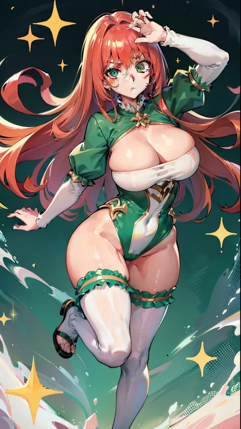 high quality, best quality, masterpiece, idol, 1girl, long ginger hair, green eyes, sparkling eyes, deep glossy eyes, glossy lips, white pale skin, freckles on face, big eyes, juicy lips, big breasts, big hips, hourglass figure, green outfit, emerald green...