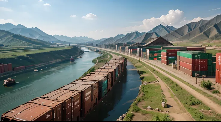 Binjiang Rural Area，there are many ports，There are containers in the port，There are many mountains on the back，There is a river at the bottom of the screen，There is a winding road from the ground to the mountain，