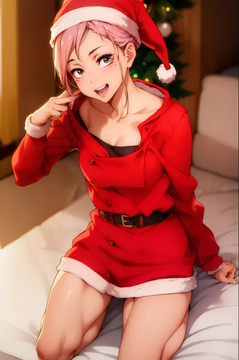 ((La mejor calidad)), ((Obra maestra)), (Detallado), Cara perfecta, Hermosa, ((4k)), SFW, Yuuji Itadori Fem, navidad, Christmas Costume, vestida con ropa de navidad, gorro de navidad, ((8k)), pechos grandes, femenina