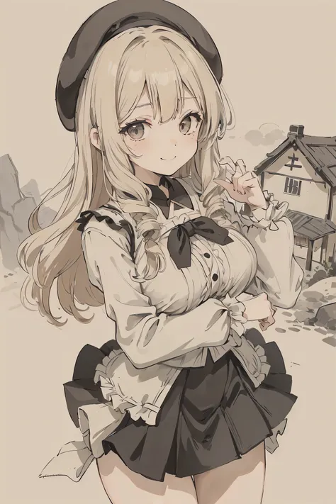 sparrow, a blonde haired girl, wearing a villager clothes, curly medium hair, hair, black skirt, villager dress with ruffles on the shouders, slim body, naughty face, seductive smile, mini skirt, black beret, big breasts, she close her left eye,