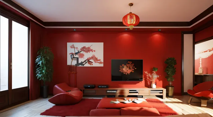 The living room is filled with red New Year atmosphere，Center composition，sofe，Large area wall，Front view，，