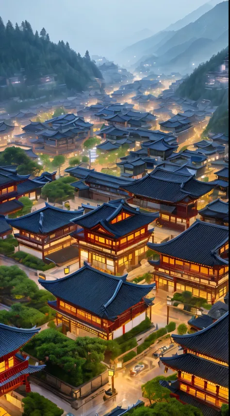 arafed view of a village with a lot of lights on the buildings, dreamy chinese town, chinese village, amazing wallpaper, japanese town, japanese village, hyper realistic photo of a town, old asian village, japanese city, by Raymond Han, rainy evening, cybe...