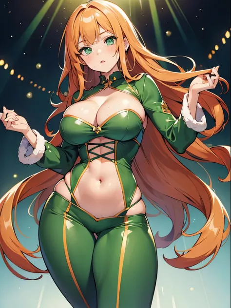 high quality, best quality, masterpiece, idol, 1girl, long ginger hair, green eyes, sparkling eyes, deep glossy eyes, glossy lips, white pale skin, freckles on face, big eyes, juicy lips, big breasts, big hips, hourglass figure, green outfit, emerald green...