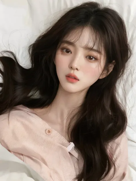 Mujer araffe acostada en la cama con el pelo largo y una camisa rosa., ulzzang, Joven y adorable rostro coreano, Hermosa joven coreana, Hermosa joven coreana, maquillaje popular de Corea del Sur, Wan adorable cara coreana, young cute wan asian face, maquil...